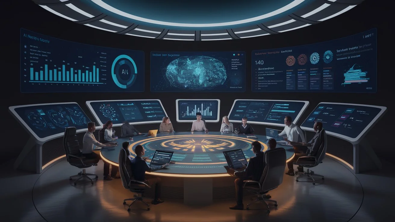 Futuristic AI marketing command center with multiple screens showing account engagement data 🖥️ and a team strategizing around an illuminated target account list 🔍