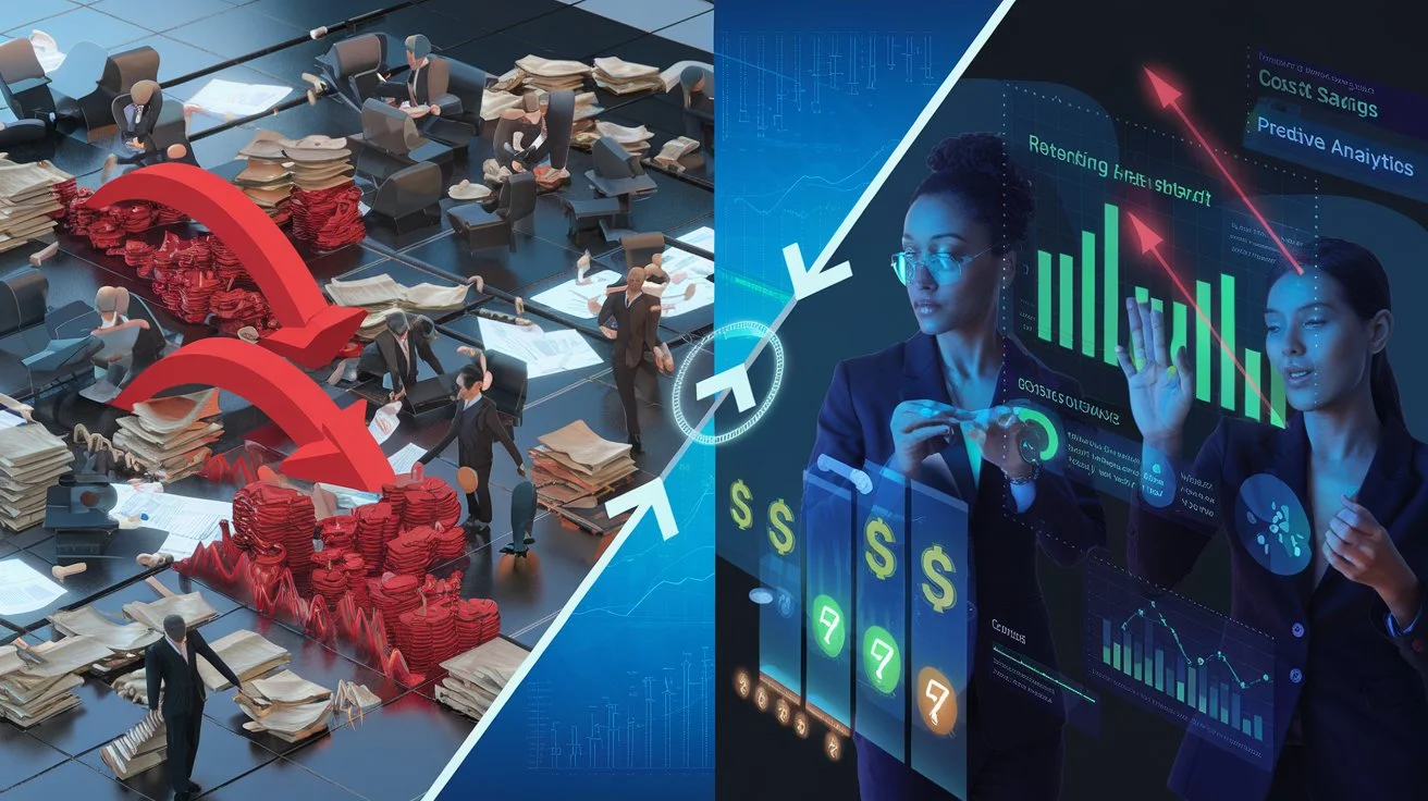 split-screen corporate visualization showing the ROI of AI in customer success. On the left side: Traditional CS operations with stressed managers surrounded by messy spreadsheets, red downward-trending charts, and piles of customer files. On the right side: AI-enhanced CS operations with confident professionals interacting with holographic dashboards showing green upward-trending retention metrics, automated workflows, and predictive analytics.