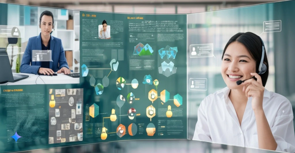 Customer service representative using real-time AI sentiment analysis during a customer video call.