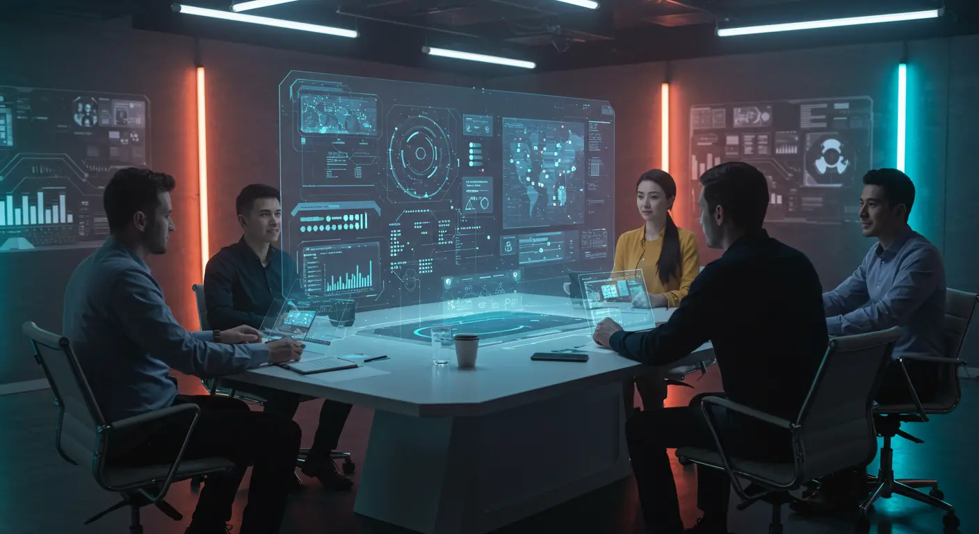 Diverse customer success team collaborating in a futuristic control room, using a holographic AI playbook filled with predictive analytics and engagement workflows.