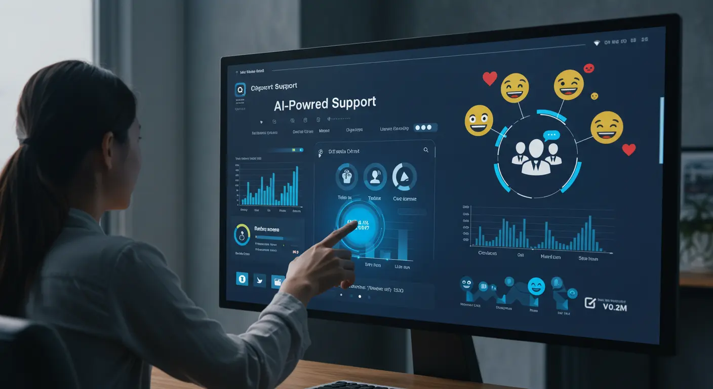 An AI chatbot resolving customer queries on a sleek support dashboard while analytics show a drop in ticket volume.