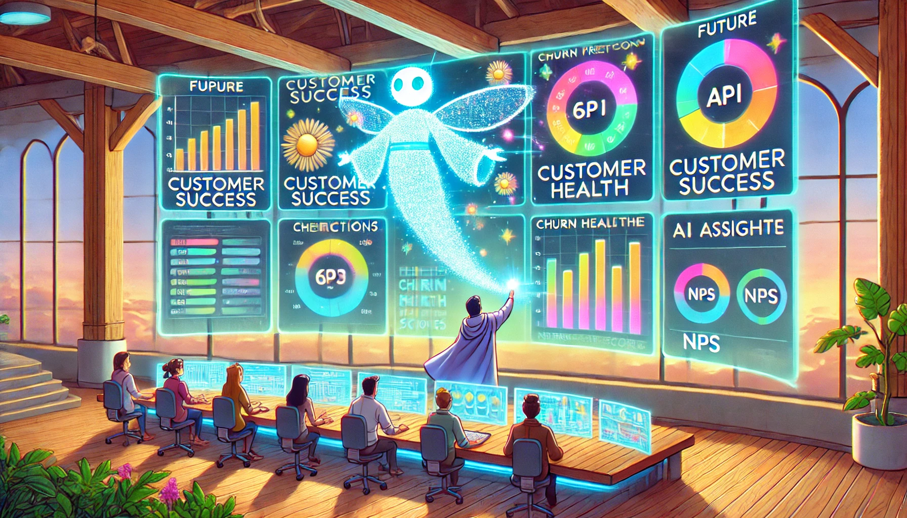 A Ghibli-style customer success control centre with glowing AI-powered KPI dashboards and a floating assistant offering real-time insights, surrounded by a warm, nature-infused setting.