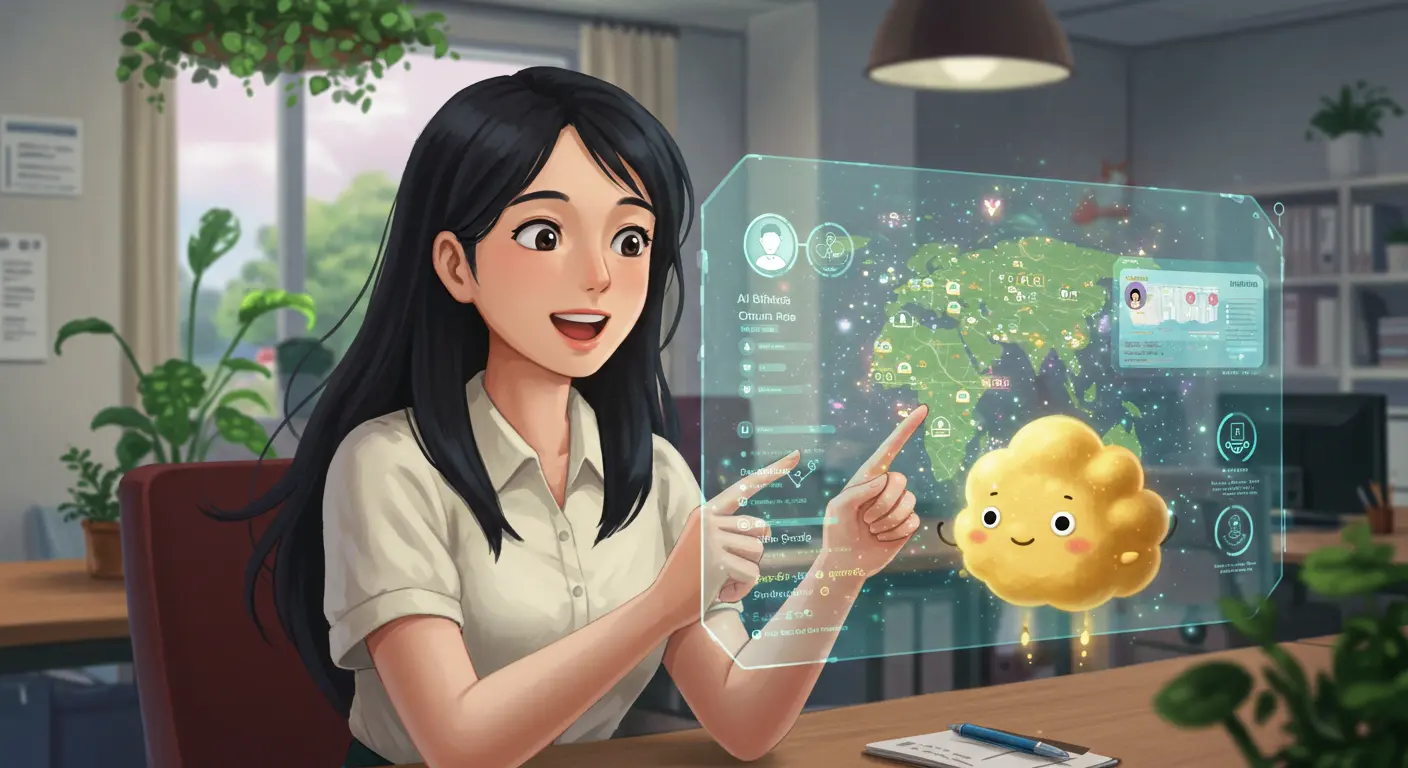 A Ghibli-style customer success manager reviews AI-enhanced KPIs like churn rate and satisfaction on a glowing dashboard, with a small magical AI assistant floating nearby.