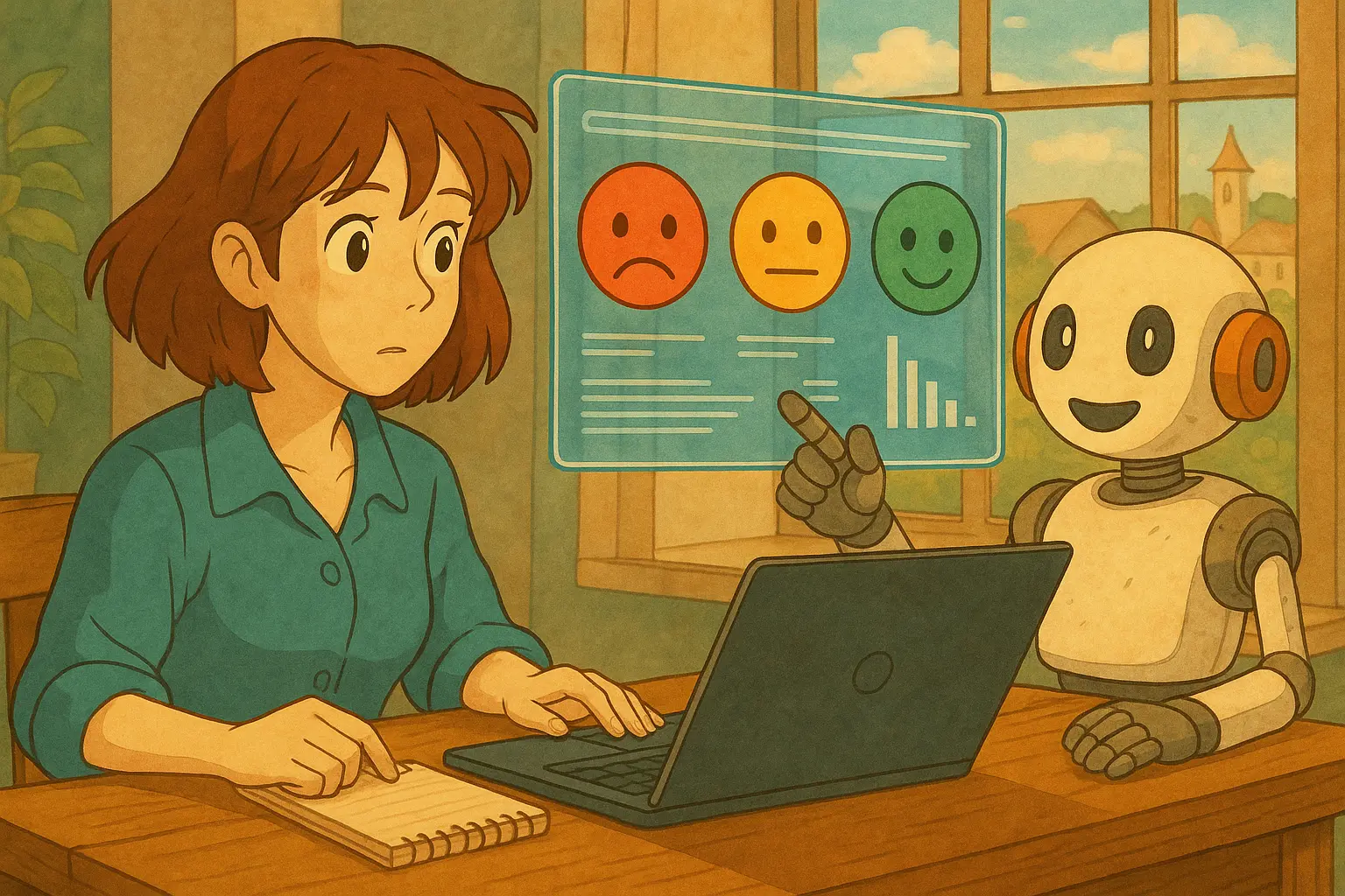 A woman and a friendly AI robot review holographic sentiment analysis charts, with happy and sad emoticons, in a bright Ghibli-style office setting.