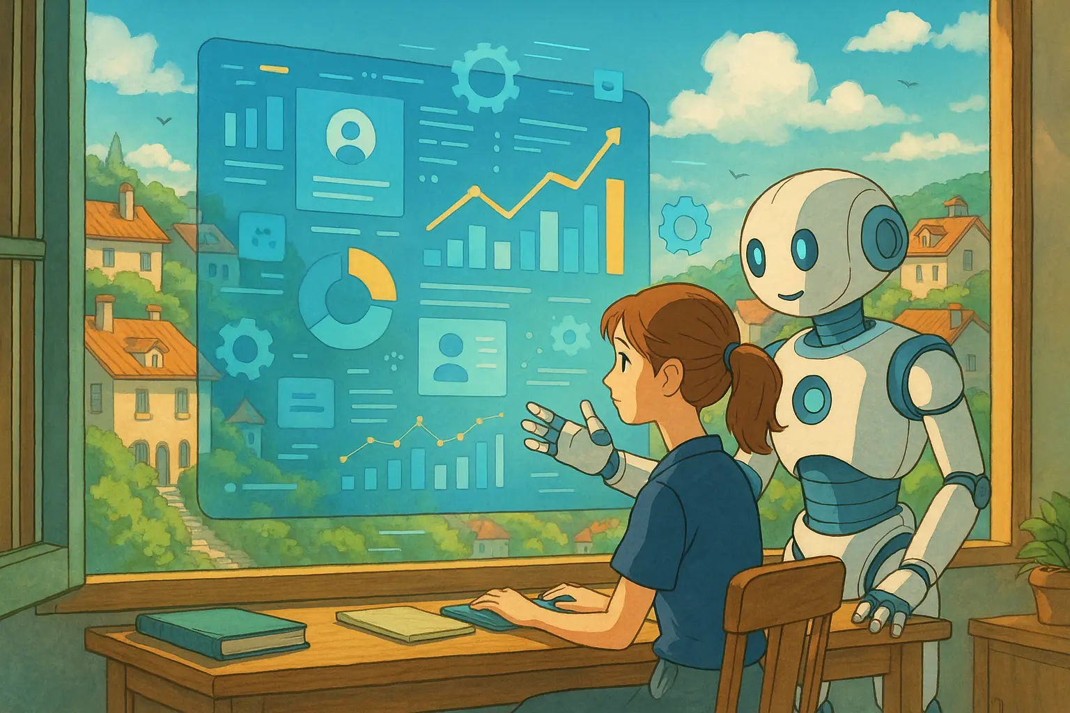A woman at a desk interacts with a futuristic AI dashboard, assisted by a smiling robot, set against a tranquil Ghibli-style townscape.
